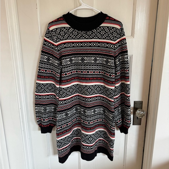 Free People fair isle red & black sweater dress size large - Picture 1 of 8